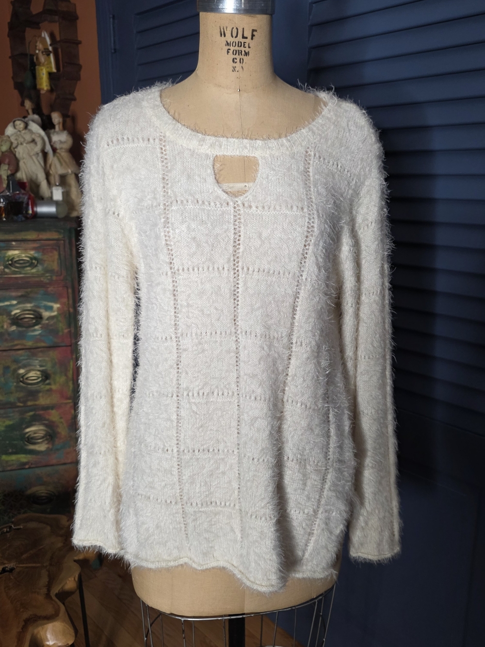 Democracy Cream Fuzzy Knit Crewneck Sweater with Keyhole